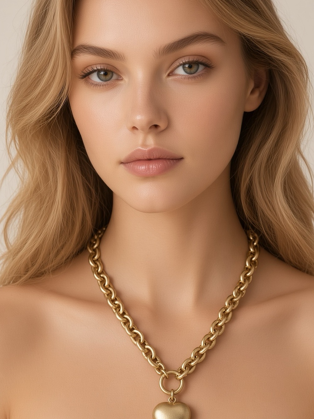 Gold Chunky Chain Necklace with Heart Pendant - Women Jewelry